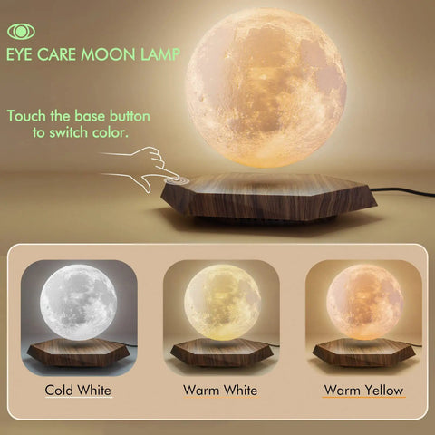Levitating Moon Lamp With 3 Color Modes Magnetic Floating Moon Light Spins In Air 3D Printing Style Night Light displayed on base