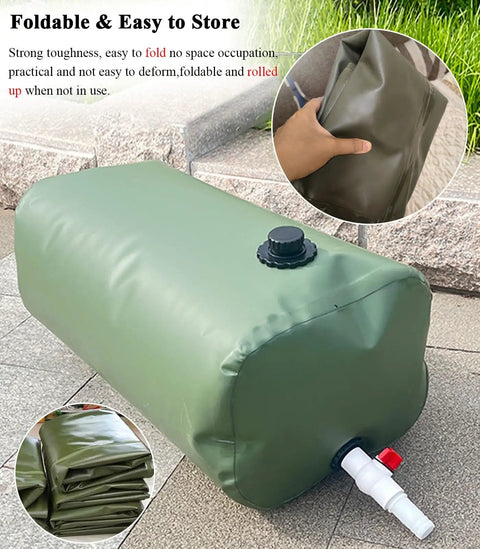 Heavy Duty Large Capacity Water Tote For Outdoor Garden Farm And Emergency Cistern With Spout Valve shown folded and unfolded