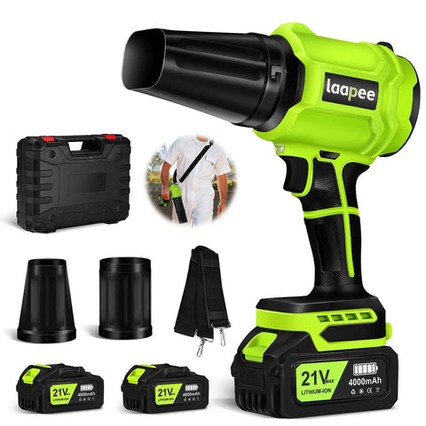 Cordless Leaf Blower with Turbine Motor Delivers Up To 800,000 RPM And Wind Speeds Of Up To 65 Meters Per Second, Includes Two 4Ah Batteries And Charger, Handheld Yard Blower For Lawn Care Dust Snow And Car Drying With Two Extended Nozzles with accessories shown.