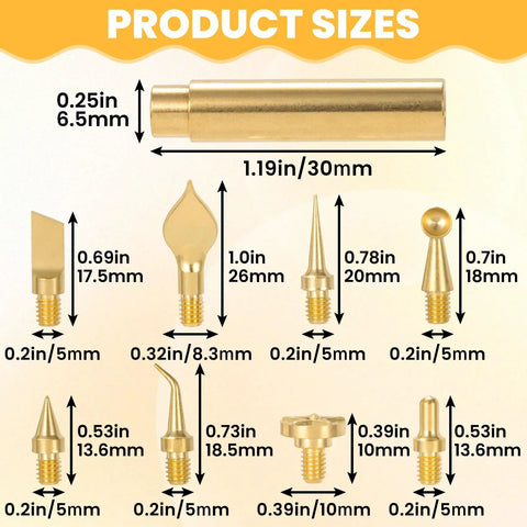 Eight Piece Copper 3D Printer Smoothing Tool Kit With Gold Tips And Connector Pro Grade Finishing Set dimensions and sizes.