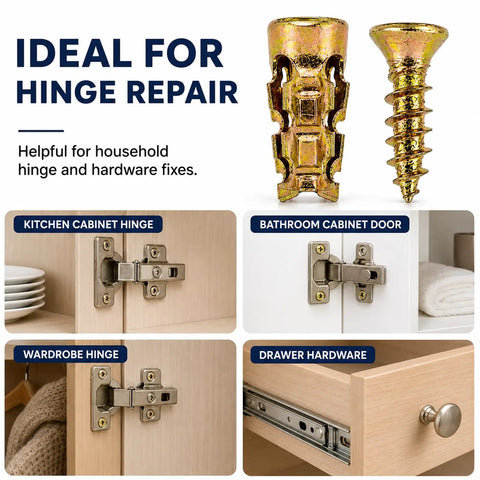 6 By 14 Mm Short Expansion Screw Set For Cabinet Hinges Repair Kit showing hinge applications on cabinets and drawers.