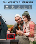Two people using Portable 3000A Jump Starter With Air Compressor For Cars And Trucks, 12V Supersafe Lithium Battery Booster while camping.