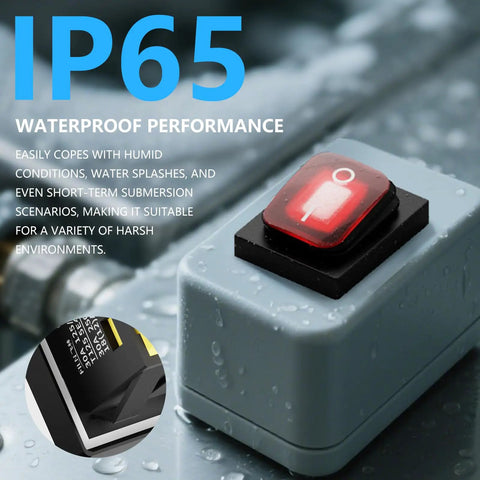 Close-up of Heavy Duty 30A IP65 Waterproof Toggle Rocker Switch 12-24V LED On Off DPST Snap-In Mount with red LED light.