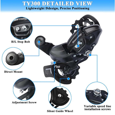 Detailed view of black Six Or Seven Speed Rear Derailleur Direct Mount For Hybrid Commuter Mountain And Road Bikes Universal Replacement.
