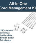 Cord Cover Kit With CordMate Channel System for walls, features 7 channels, 6 couplings, 2 elbows, 9 feet total, white finish.