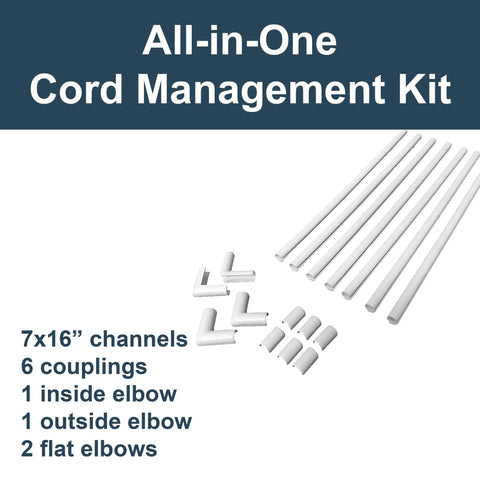 Cord Cover Kit With CordMate Channel System for walls, features 7 channels, 6 couplings, 2 elbows, 9 feet total, white finish.
