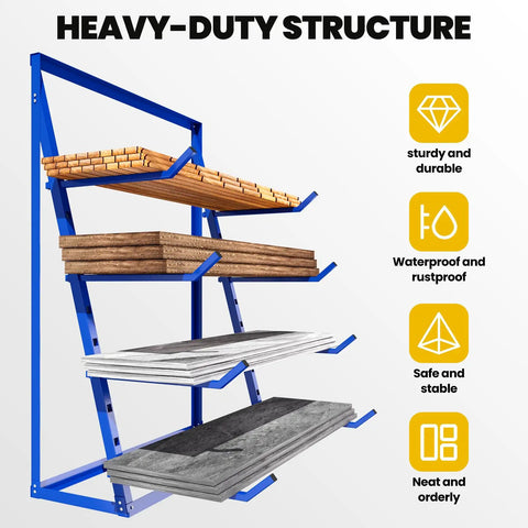 Four Tier Heavy Duty Lumber Storage Rack Made From Thick Alloy Steel For Sheds And Garages Holds 4000 LBS total weight with cantilever design.