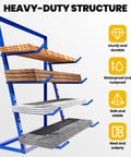 No Sweat Heavy Duty Four Tier Alloy Steel Cantilever Lumber Storage Rack With 4000 Lbs Capacity Adjustable Pipe Rack For Garage Warehouse Workshop Facility displaying lumber on four shelves.