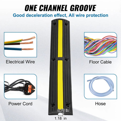 3.28 Foot Cable Protector Ramp 4 Pack One Channel Heavy Duty Rubber Wire Cover With 18000 Lbs Axle Capacity shown with wire types