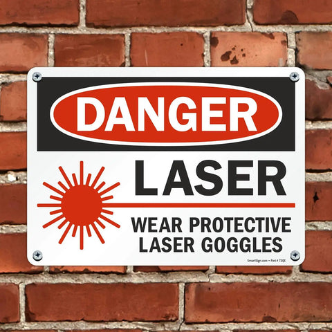 Danger Laser Safety Sign Heads Up Wear Protective Laser Goggles 10 By 14 Inch Plastic Sign Black And Red On White Durable HDPE