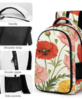 Vibrant Watercolor Poppies Backpack in red pink and yellow with handle, shoulder strap, and side pockets for unisex use.