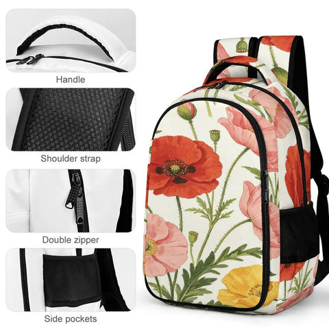 Vibrant Watercolor Poppies Backpack in red pink and yellow with handle, shoulder strap, and side pockets for unisex use.