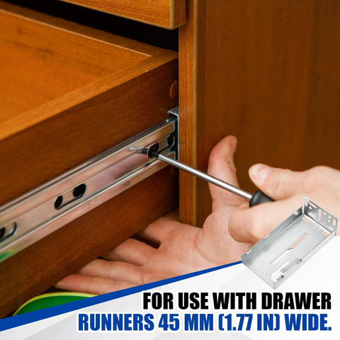 Heavy Duty Rear Mounting Brackets For 20 Pairs Of 45MM Soft Close Drawer Slides in use with drawer runners.