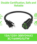 Short 2Ft 3 Prong Extension Cord For Indoor And Outdoor Use Heavy Duty Waterproof 16 AWG SJTW Cable 13A 125V Single Outlet
