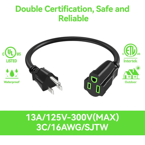Short 2Ft 3 Prong Extension Cord For Indoor And Outdoor Use Heavy Duty Waterproof 16 AWG SJTW Cable 13A 125V Single Outlet