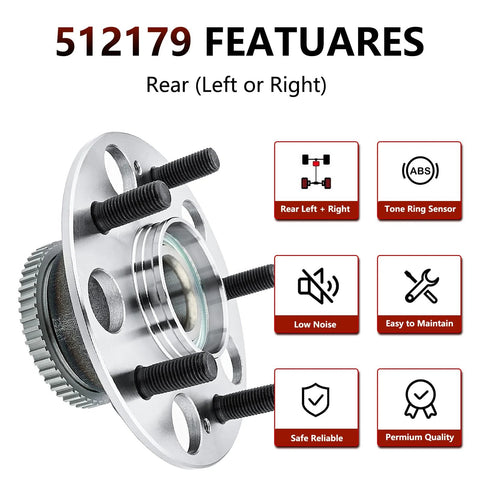 Pair Of Rear Wheel Bearing Hub Assemblies Fits Honda Accord 1998 1999 2000 2001 2002 V6 3.0L And Acura TL 1999 2003 Wheel Hub Bearing Replacement Direct Fit Replacement For Easy Install And Long Lasting Performance, visible features include ABS tone ring and premium quality label