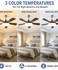 MADISH Modern Walnut 46 Inch Ceiling Fan with Lights and Remote displaying 3 color temperatures in a bedroom setting.