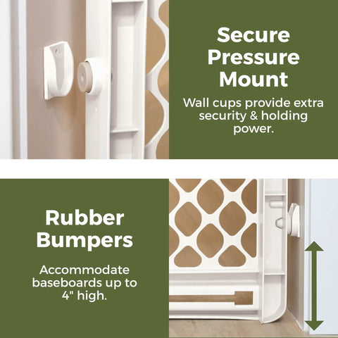 Recycled Plastic Baby Gate Pressure Mounted Doorway Safety Barrier features secure pressure mount and rubber bumpers for baseboards.