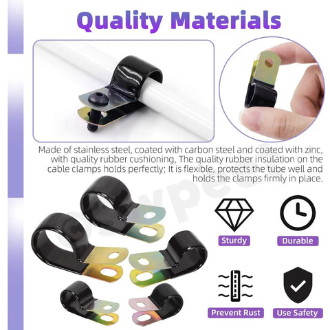 Go To DIY Cable Clamp And Hardware Kit With 161 Piece Bundle Including 64 Vinyl Coated Cable Clamps with text about material and usage.