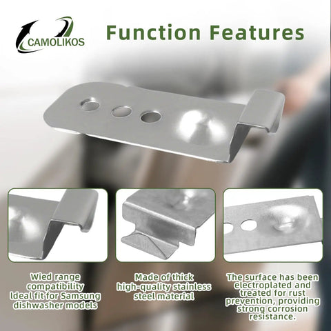 Four Piece Dishwasher Installation Bracket Kit with thicker stainless steel, shown in close-up with no-slip design details.
