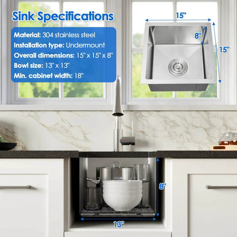 Undermount Bar Prep Kitchen Sink 15x15x8 In Compact 304 Stainless Steel Small Single Bowl With Drain Brushed Finish in kitchen