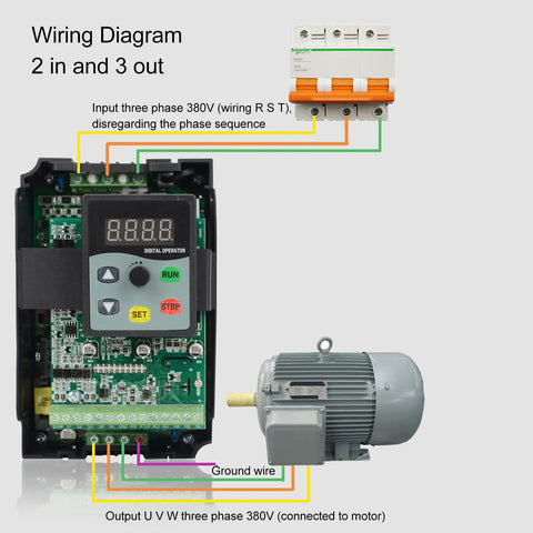 Beefed Up 3kW Variable Frequency Drive With Digital Display For Industrial Use A Heavy Duty VFD Controller With SMD Design And Rugged ABS Shell Built Around A High Performance Motherboard For Reliable Variable Speed Control. Wiring diagram for 3kW VFD with digital display, 2-in 3-out, three-phase motor