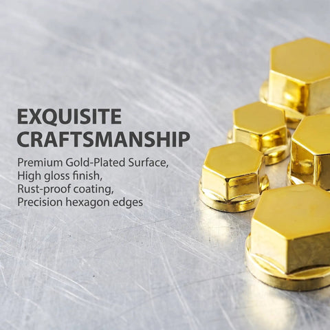 Hella Solid Gold Motorcycle Bolt Covers And Hexagon Engine Nut Caps With Wear Resistant Metal Screw Protectors For Universal Atv Scooter Fresh Ride Upgrade, premium gold-plated hexagon caps on metal surface.