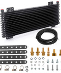 40k Transmission Oil Cooler Kit For Big Rigs And Trailers With Low Pressure Drop And Easy Mounting Hardware Black Finish Handles Up To 40000 GVW Durable Transmission Cooler Solution components shown