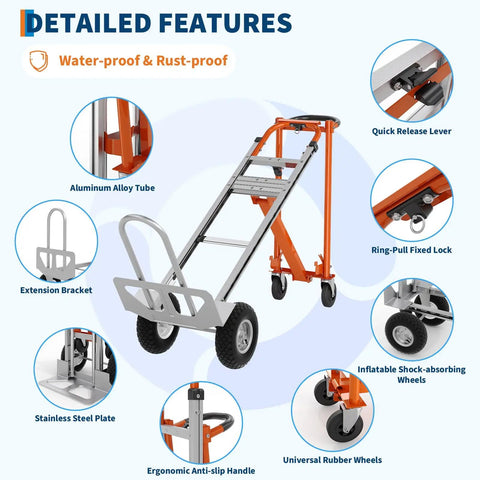 All In One 4 In 1 Convertible Aluminum Hand Truck With 1000 LB Capacity featuring features and construction details
