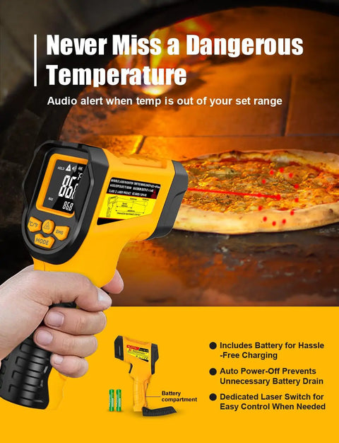 Infrared Temperature Gun With 13 Point Laser And Fast Read, Wide -58 To 1472 Degrees F, Precise Surface Readings In 0.5 Seconds, Great For Cooking, Griddles, HVAC, Automotive, And DIY Projects. handheld infrared temp gun measuring pizza oven heat with battery compartment