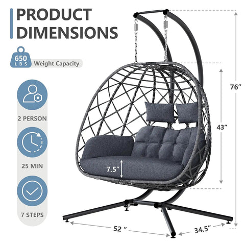 Two Person Double Egg Swing Chair With Stand For Outdoor And Indoor Hangout Cozy Cushions And Headrests Weatherproof Wicker Sturdy Steel Frame 650 Lbs Capacity Dark Gray, showing dimensions and weight capacity.