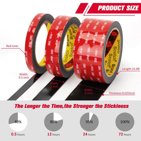 Three rolls of Heavy Duty Double Sided Tape 2 Inch By 15.4 Feet, VHB Mounting Foam Tape 0.025 Inch Thick Black 5925 with red liner