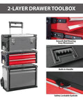Rolling Upright Trolley Tool Box With Stackable Portable Organizer For Workshop And Garage Red Durable Construction With Multiple Compartments And Easy Roll For Grab And Go Quick Pro Style Storage showing 2-layer design, built-in handle, and lockable eyehole.