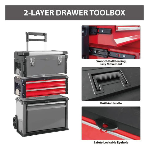 Rolling Upright Trolley Tool Box With Stackable Portable Organizer For Workshop And Garage Red Durable Construction With Multiple Compartments And Easy Roll For Grab And Go Quick Pro Style Storage showing 2-layer design, built-in handle, and lockable eyehole.