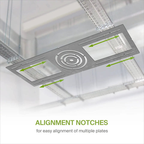 Image of Universal New Construction Recessed Light Mounting Plate For 3 4 6 Inch LED Fixtures with alignment notches in steel.