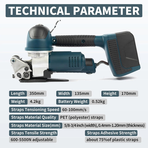 Technical parameters of Heavy Duty Automatic Electric Strapping Machine With Twin Four Thousand Mah Lithium Batteries And LCD Display.