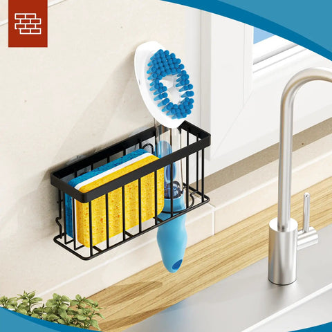 Kitchen Sink Sponge Holder Caddy With Suction Cups And Adhesive Strips, Black, holds sponge and brush, mounted beside sink