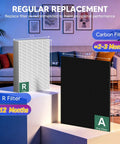 Ultimate HPA300 Air Purifier Filter Replacement Kit showing R filter and A pre-filter with replacement duration in a room setting.