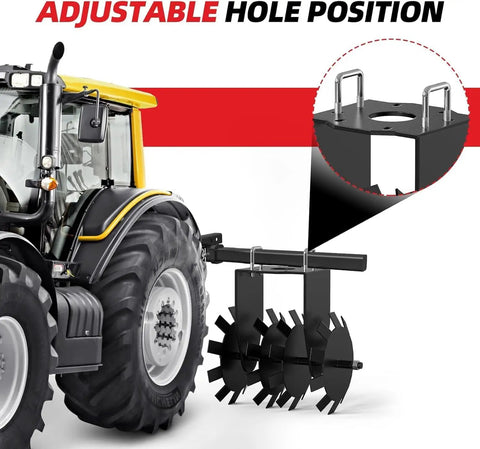 ATV UTV Towed 32 Inch Heavy Duty Disc Harrow With Universal 2 Inch Hitch shown attached to tractor for soil preparation