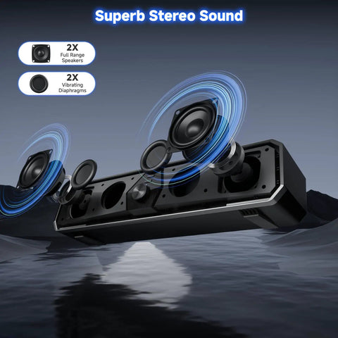 Inside view of CS30 Bluetooth Desktop Speakers with soundbar detailing 2 full-range speakers and vibrating diaphragms