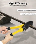 Hands using 8 Ton Hydraulic Rebar Cutter Pliers for large steel bolt cutting on threaded metal in construction.