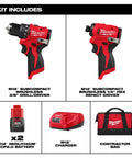 M12 Subcompact Brushless Drill And Impact Driver Combo Kit For Tight Spots, Ultra Short Length For Overhead Work, 350 In-Lbs Drill Torque displayed with accessories
