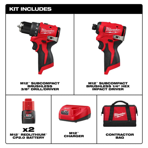 M12 Subcompact Brushless Drill And Impact Driver Combo Kit For Tight Spots, Ultra Short Length For Overhead Work, 350 In-Lbs Drill Torque displayed with accessories