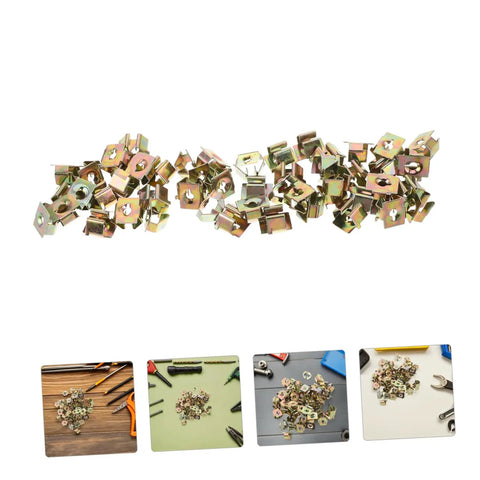 Heavy Duty 50 Pack Golden Iron Captive Nut Car Body Clips Street Tough Bumper Retainers and License Plate Fasteners scattered.