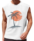 Mens Sleeveless Tank Top For Gym And Workout Gains With Palm Tree Hawaiian Print Muscle Tank Summer Beach Tee Lightweight Polyester Cotton Blend White Shade