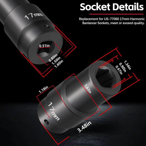 17mm Harmonic Balancer Socket For Half Inch Drive, Built Tough Heavy Duty 77060 Crank Bolt Socket, detailed measurements displayed