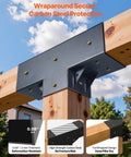 Close-up of Heavy Duty 3 Way Pergola Brackets Kit For 4x4 Wood Beams 3.5x3.5 Inch T Shape Connectors installed on wooden beams outdoors