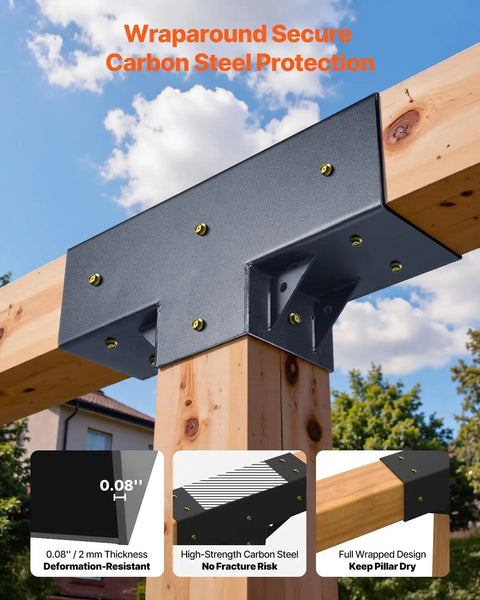 Close-up of Heavy Duty 3 Way Pergola Brackets Kit For 4x4 Wood Beams 3.5x3.5 Inch T Shape Connectors installed on wooden beams outdoors