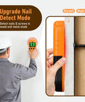Man using LSENLTY Stud Finder Wall Scanner in drywall detecting nails, showing upgrade nail detect mode functionality.