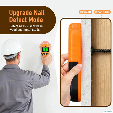 Man using LSENLTY Stud Finder Wall Scanner in drywall detecting nails, showing upgrade nail detect mode functionality.